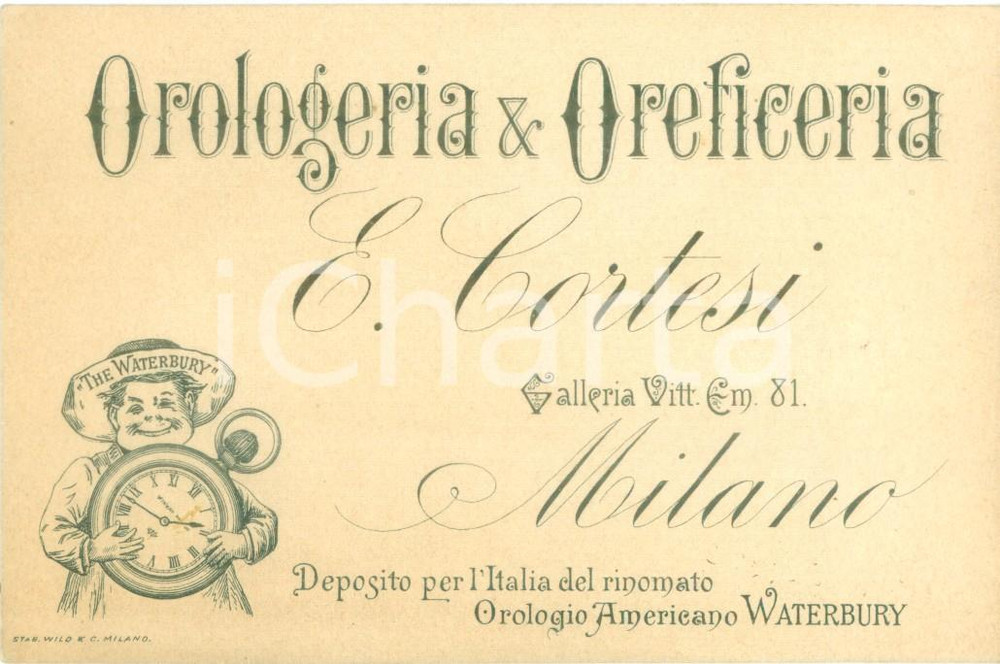 Documento originale, autentico 1896 MILANO Orologeria e oreficeria CORTESI Orologi WATERBURY Biglietto 1