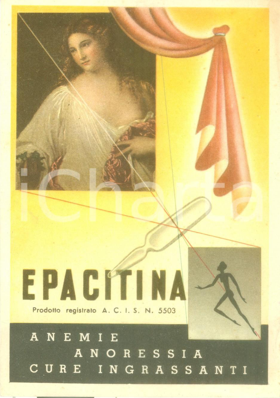 Materiale pubblicitario d’epoca 1950 ca MILANO Farmacosmici Cartoncino pubblicitario per Epacitina ILLUSTRATO 1