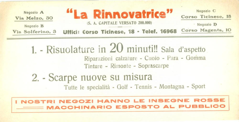 Documento originale, autentico 1940 ca MILANO Risuolature scarpe LA RINNOVATRICE Volantino pubblicitario 1