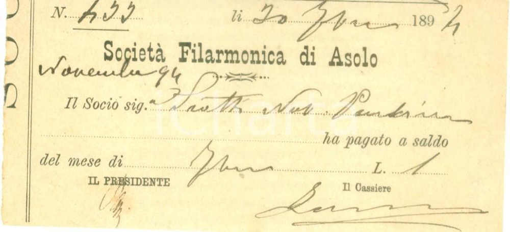 Documento originale, autentico 1894 ASOLO TV SocietÃ  Filarmonica Ricevuta per quota mensile 1