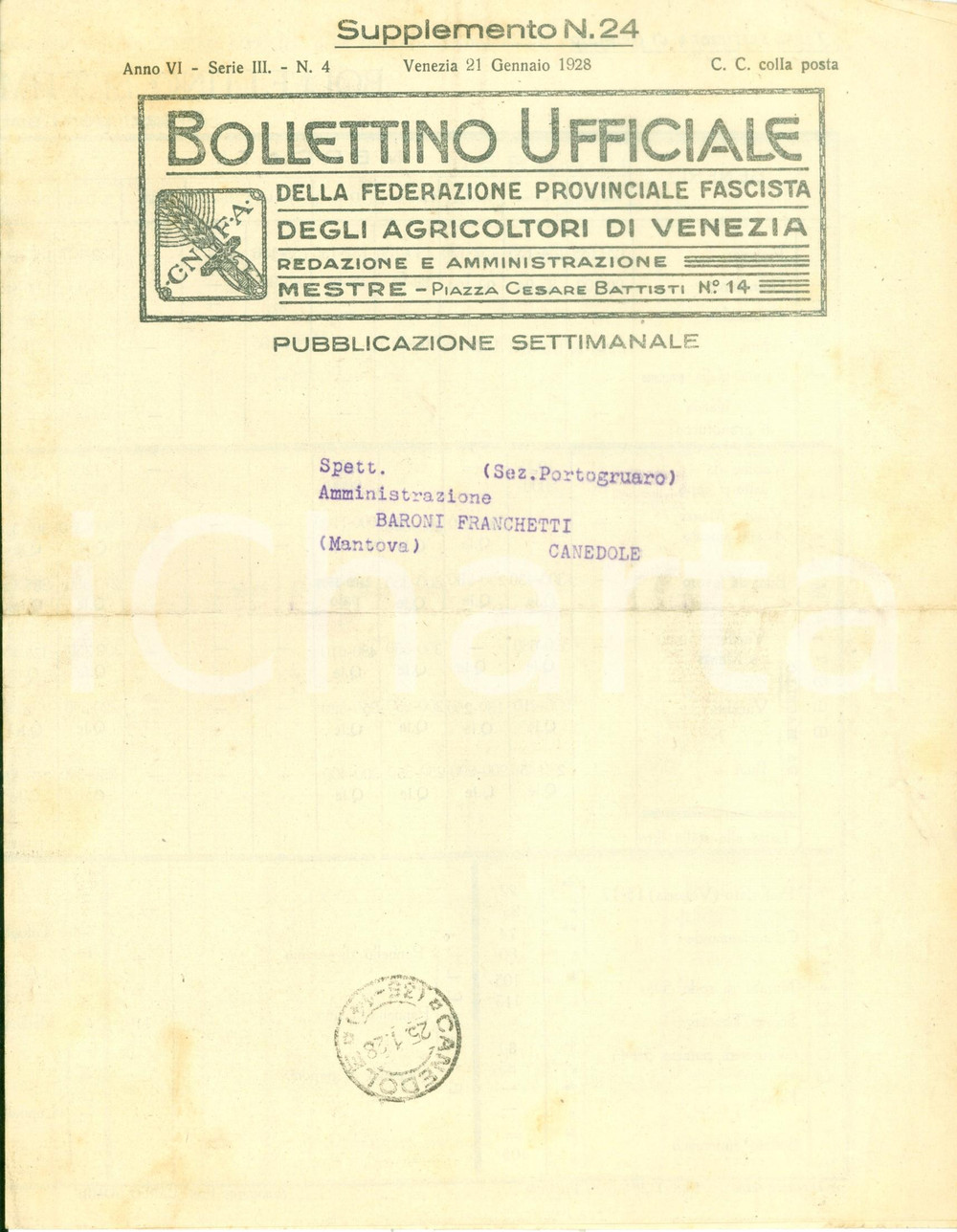 Giornale, rivista storica 1928 VENEZIA Federazione Provinciale Fascista Agricoltori Bollettino dei mercati 1