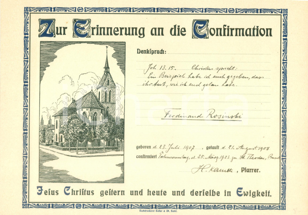 Documento originale, autentico 1923 BASEL SVIZZERA Cresima di Ferdinand ROSINSKI Certificato 1