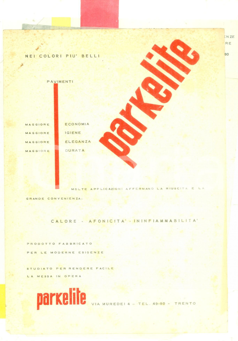 Materiale pubblicitario d’epoca 1956 TRENTO Pavimenti in PARKELITE Lotto di 4 volantini pubblicitari DANNEGGIATI 1