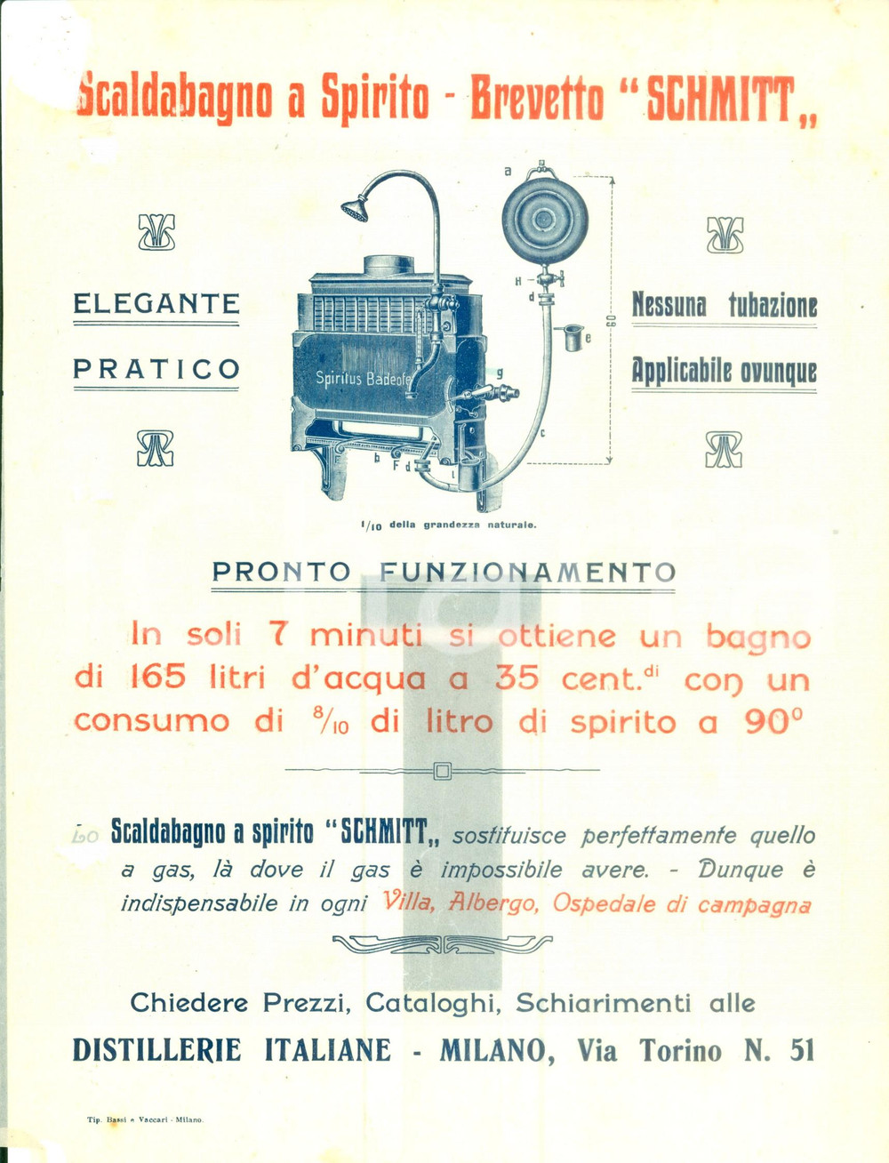 Materiale pubblicitario d’epoca 1920 ca MILANO via Torino 51  Volantino scaldabagno SCHMITT DANNEGGIATO 1