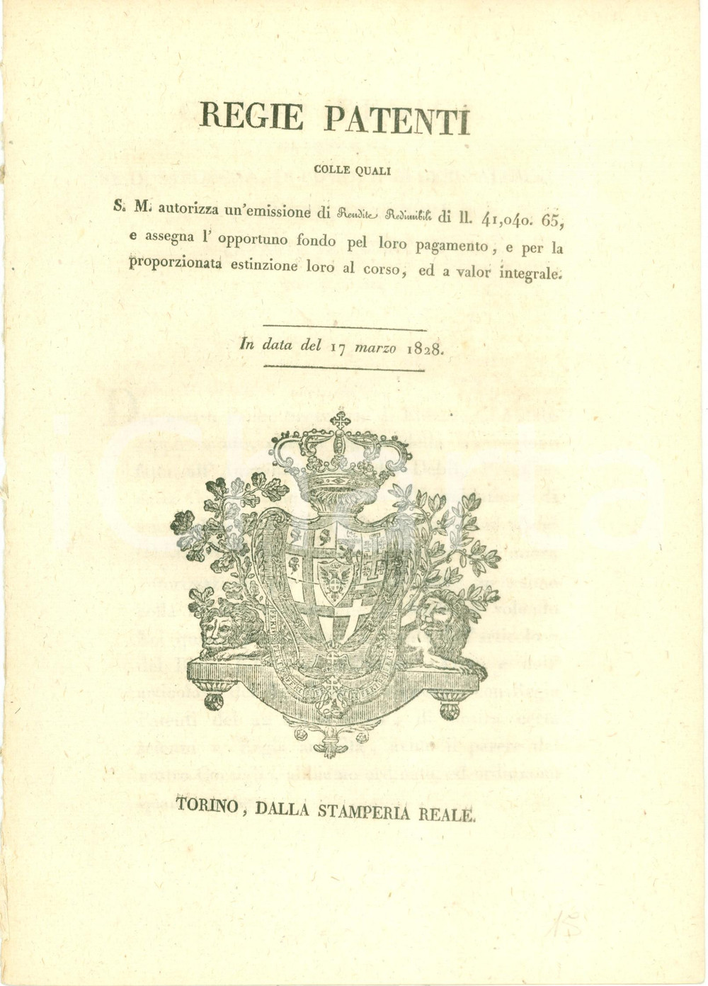 Documento originale, autentico 1828 TORINO REGNO DI SARDEGNA Nuove rendite redimibili per il Debito Pubblico 1