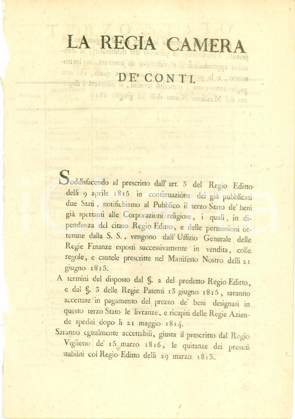 Documento originale, autentico 1817 TORINO Elenco immobili delle Corporazioni religiose in vendita Documento 1