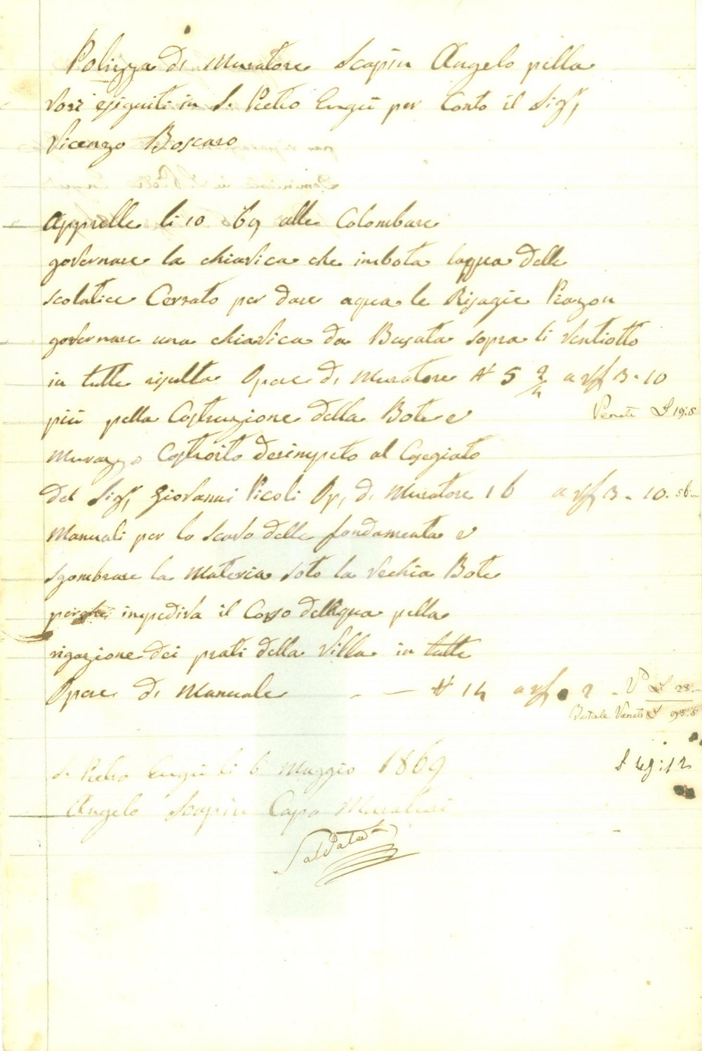 Documento originale, autentico 1869 SAN PIETRO IN GU PD Conto del muratore Angelo SCAPIN Documento 1