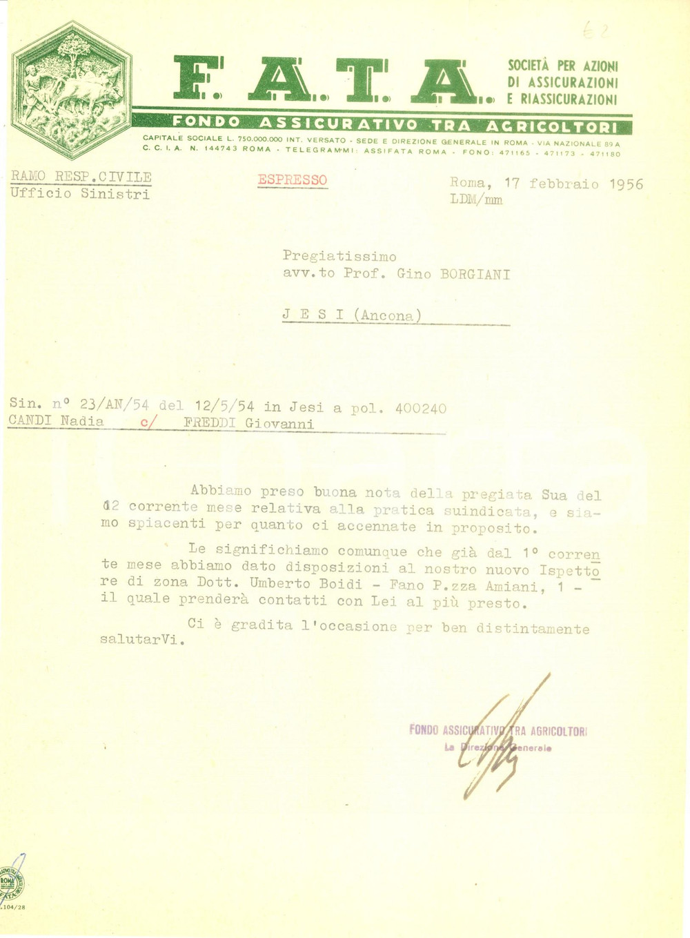 Documento originale, autentico 1956 ROMA Fondo Assicurativo Tra Agricoltori Lettera commerciale 1