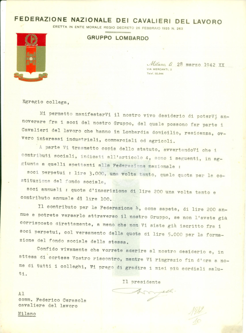 Documento originale, autentico 1942 MILANO Federazione Nazionale Cavalieri Lavoro invia richiesta associazione 1