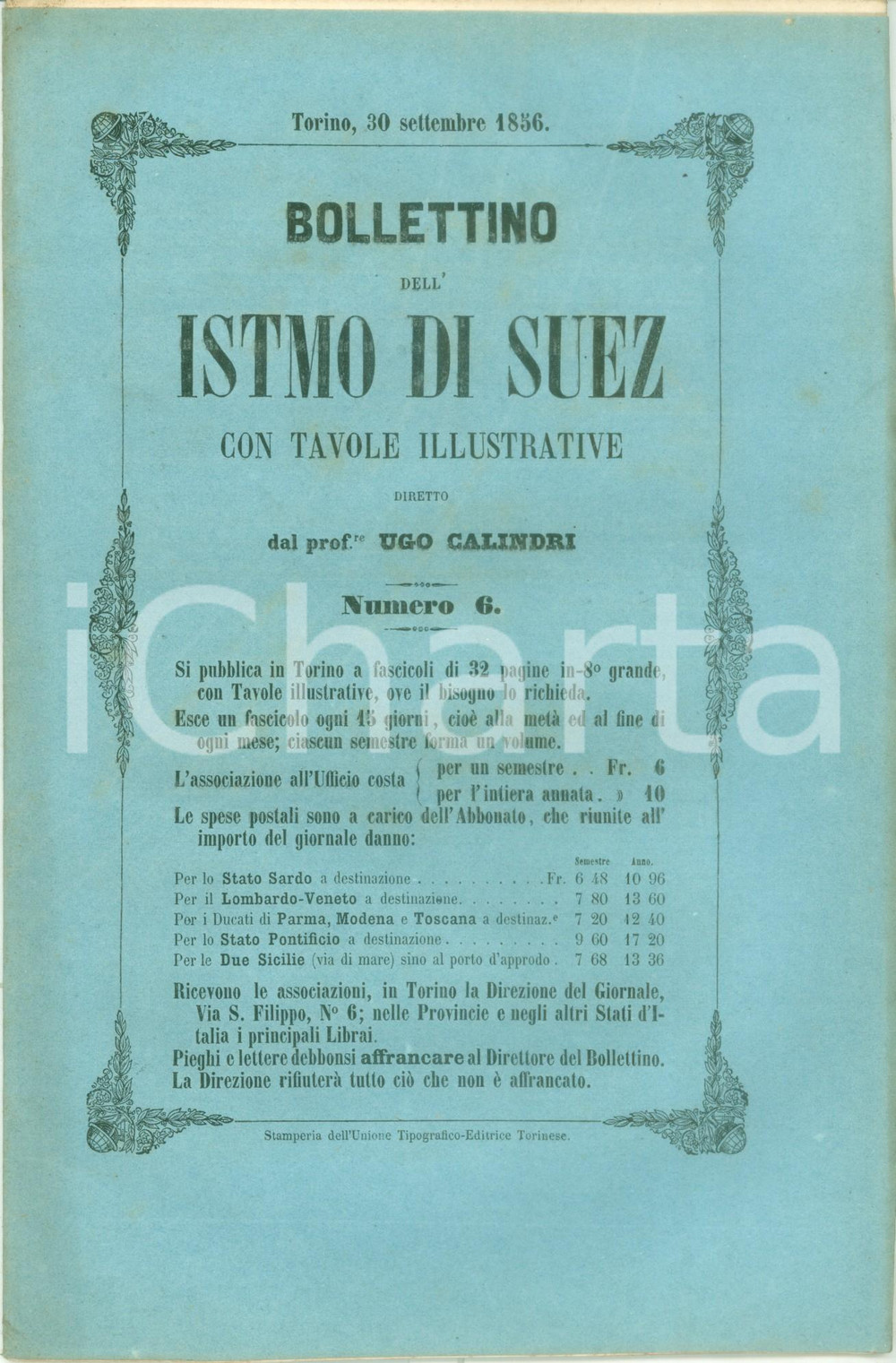 Giornale, rivista storica 1856 BOLLETTINO DELL ISTMO DI SUEZ 6 Ferrovie di ALESSANDRIA e dell EUFRATE 1