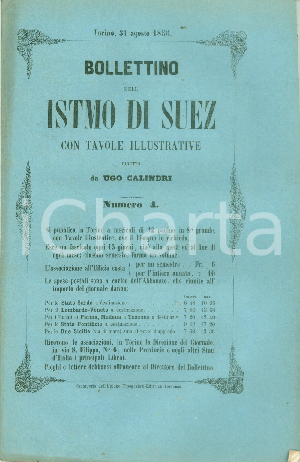 Giornale, rivista storica 1856 BOLLETTINO DELL ISTMO DI SUEZ 4 Telegrafo e ferrovia in EGITTO Con TAVOLE 1
