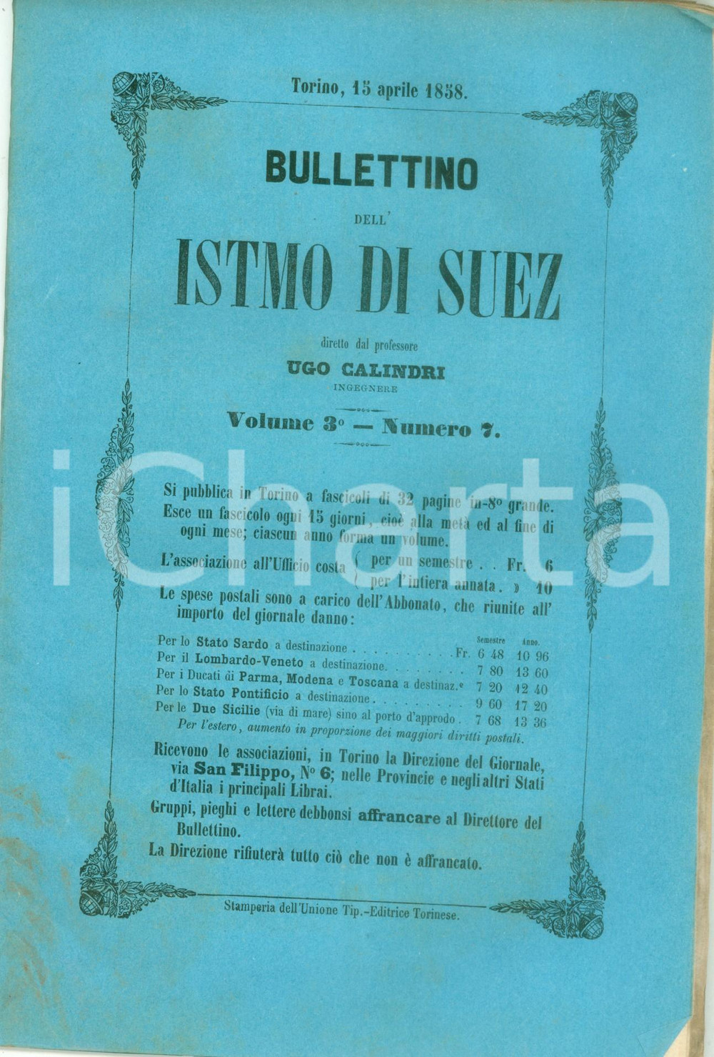 Giornale, rivista storica 1858 BOLLETTINO DELL ISTMO DI SUEZ 7 Meccanica industriale apertura del Bosforo 1
