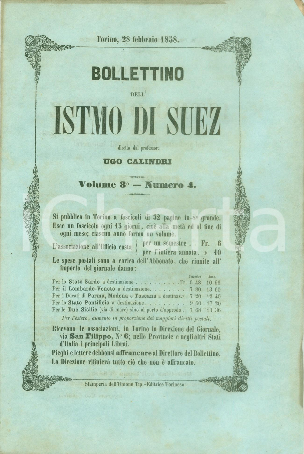 Giornale, rivista storica 1858 BOLLETTINO DELL ISTMO DI SUEZ 4 Telegrafo elettrico da INGHILTERRA a INDIE 1