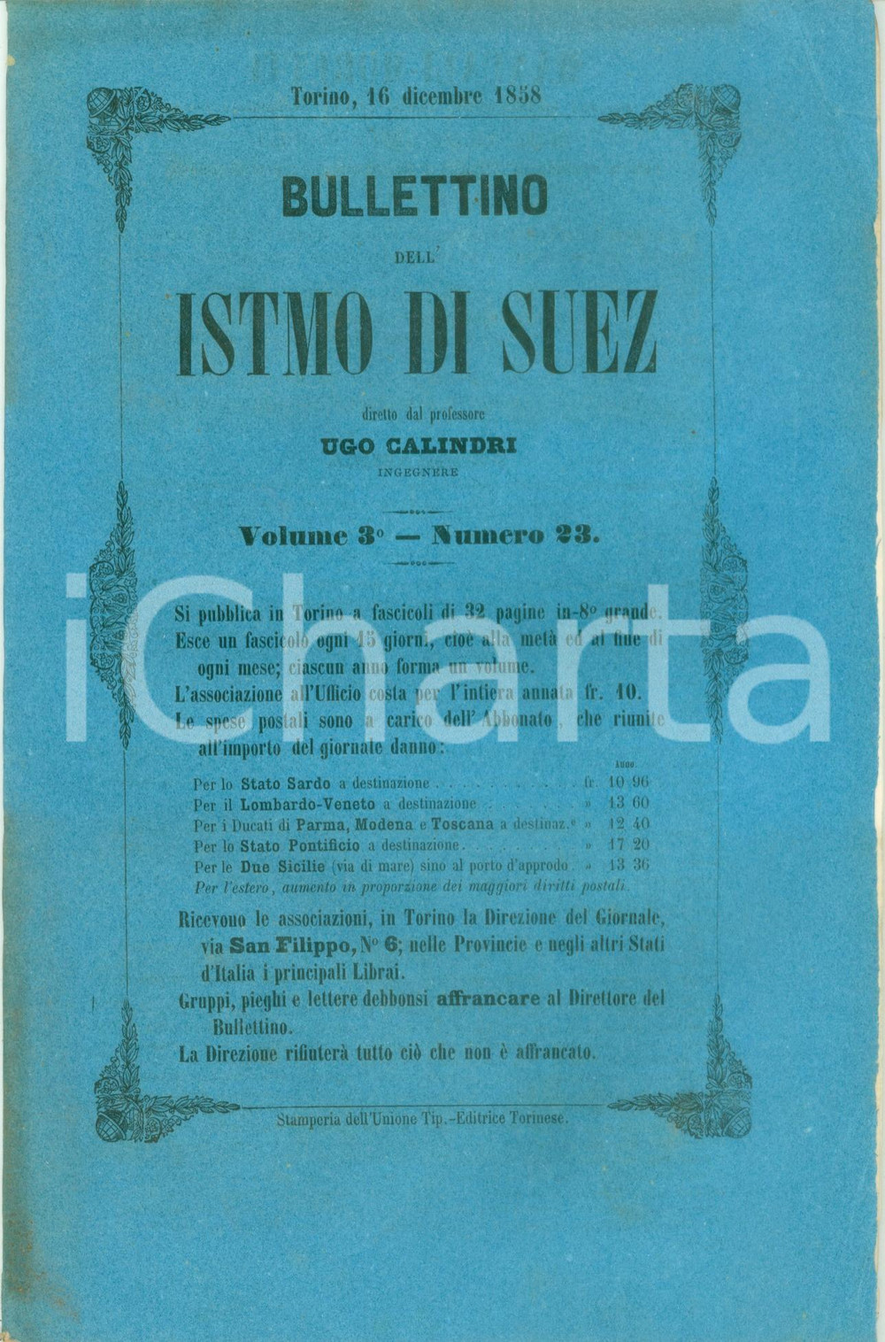 Giornale, rivista storica 1858 BOLLETTINO DELL ISTMO DI SUEZ 23 Sottoscrizione dell ITALIA per il BOSFORO 1
