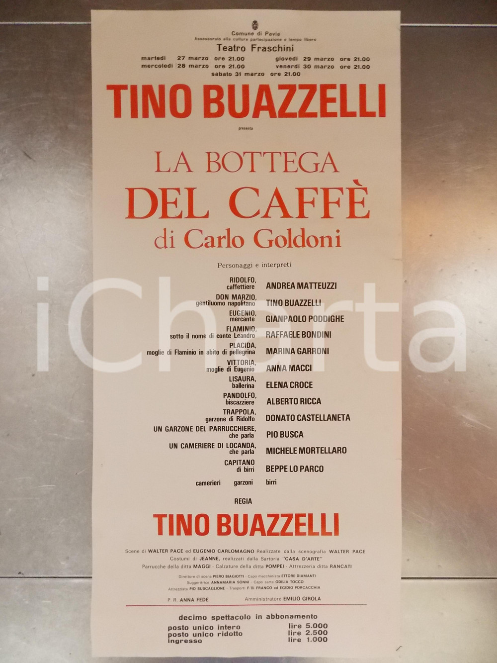 Materiale pubblicitario d’epoca 1980 ca PAVIA TEATRO FRASCHINI Tino BUAZZELLI La bottega del caffé Manifesto 1