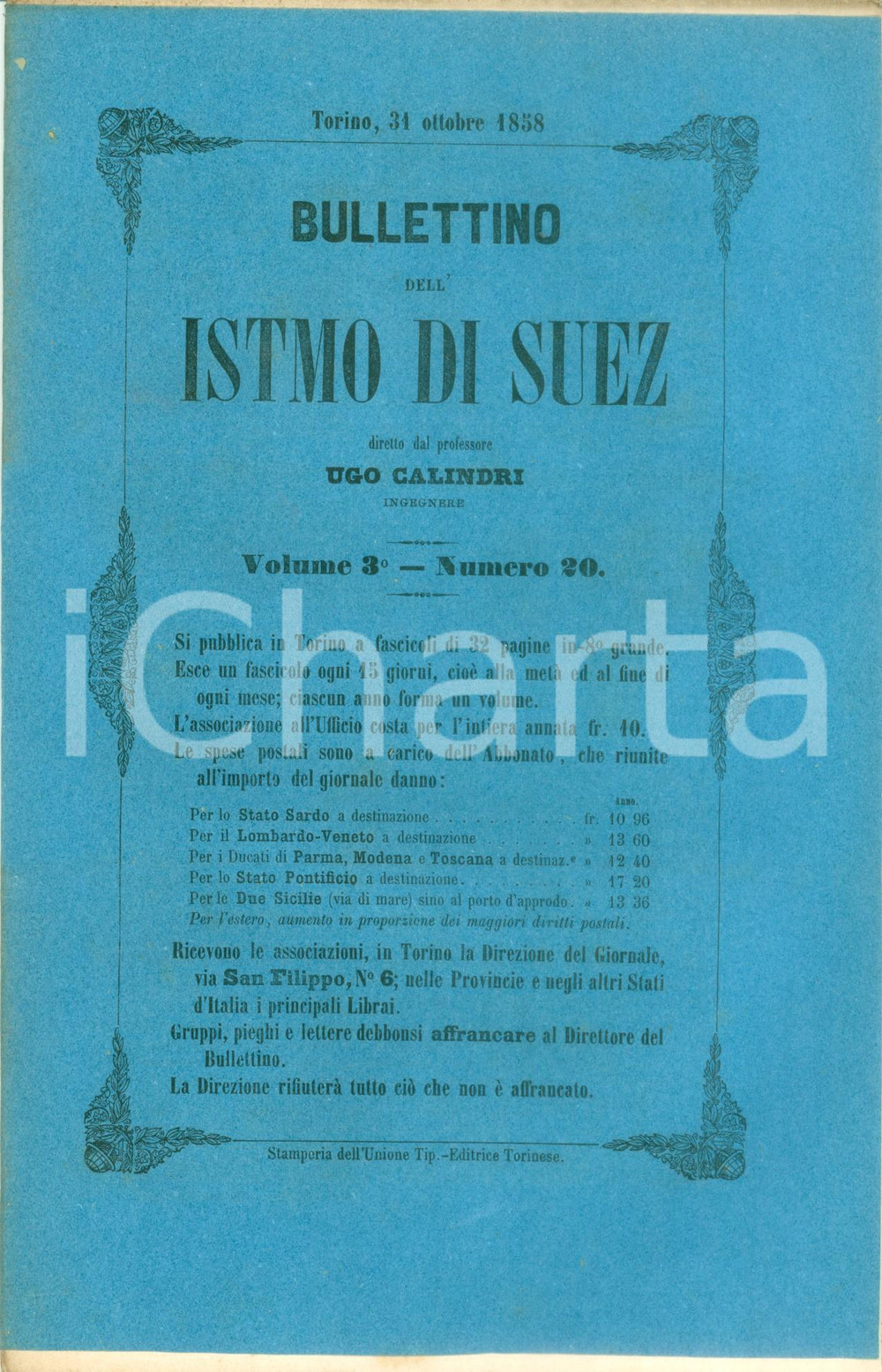 Giornale, rivista storica 1858 BOLLETTINO DELL ISTMO DI SUEZ 20 Voto SocietÃ  Operaie dello STATO SARDO 1