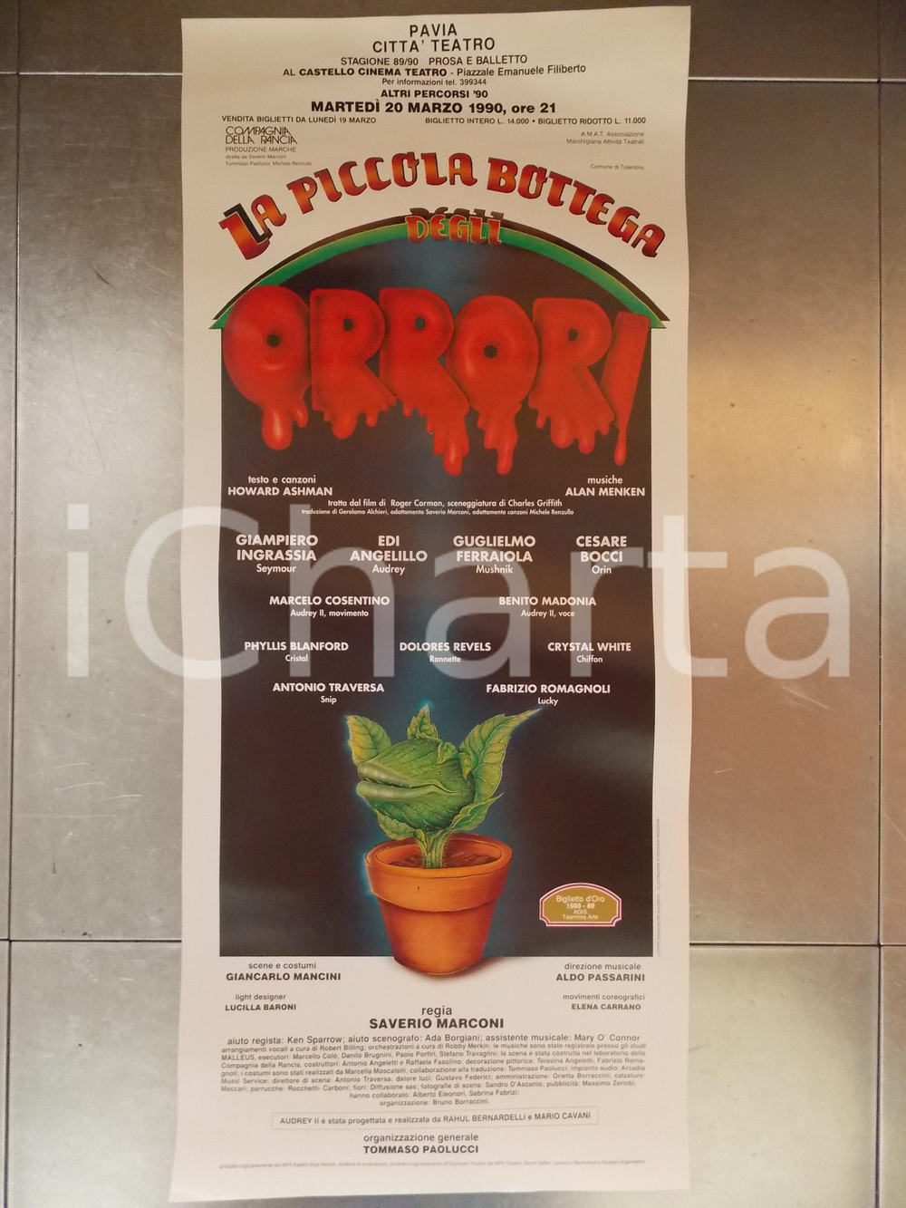Materiale pubblicitario d’epoca 1990 PAVIA CITTA  TEATRO La piccola bottega degli orrori Manifesto cm 35 x 80 1