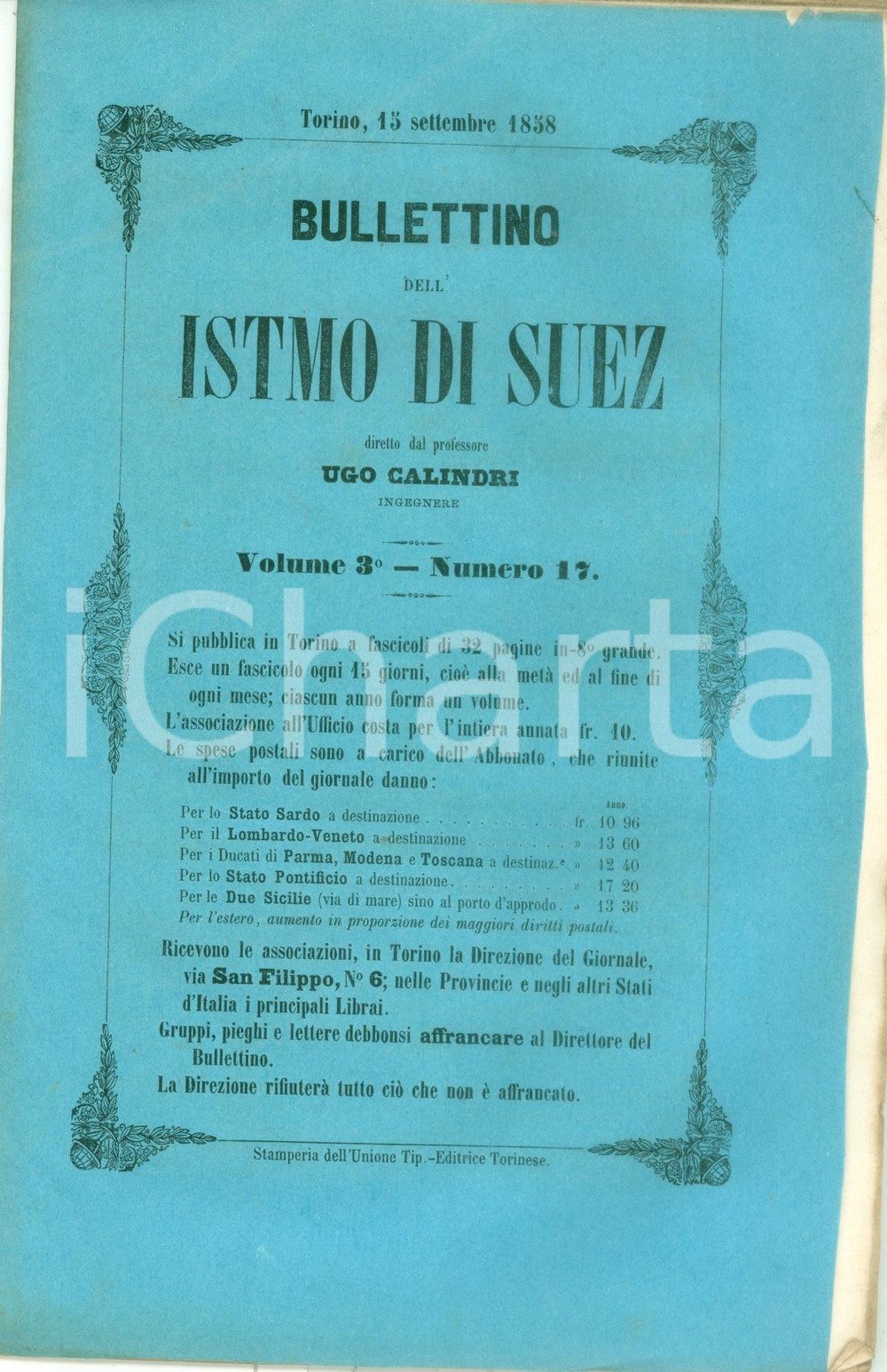 Giornale, rivista storica 1858 BOLLETTINO DELL ISTMO DI SUEZ 17 Costituzione Compagnia Universale Bosforo 1