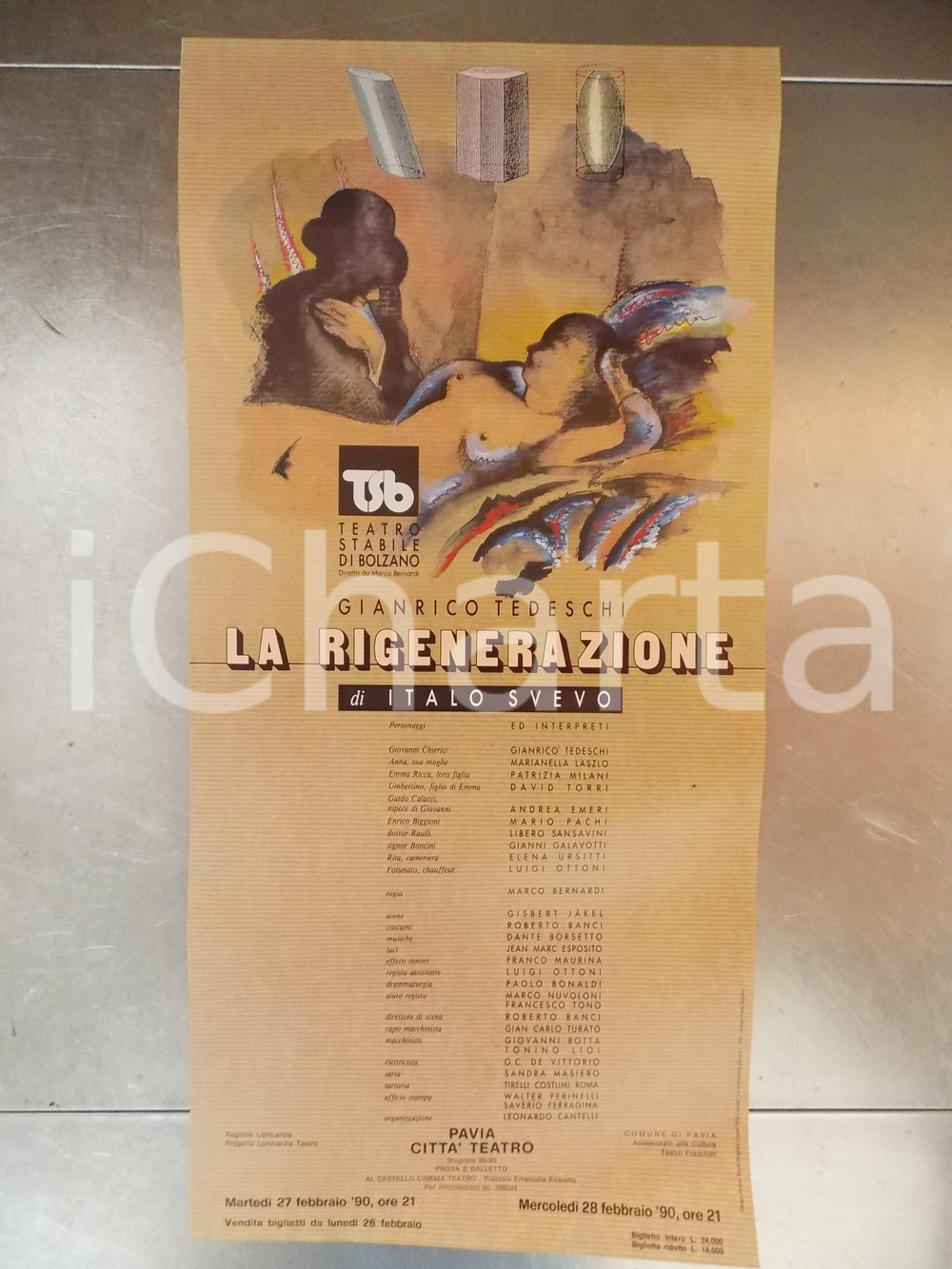 Materiale pubblicitario d’epoca 1990 PAVIA CITTA  TEATRO Gianrico TEDESCHI La rigenerazione Manifesto 34 x 70 1