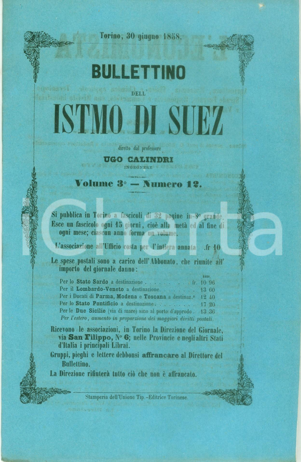 Giornale, rivista storica 1858 BOLLETTINO DELL ISTMO DI SUEZ 12 Benjamin DISRAELI e opinioni sul BOSFORO 1