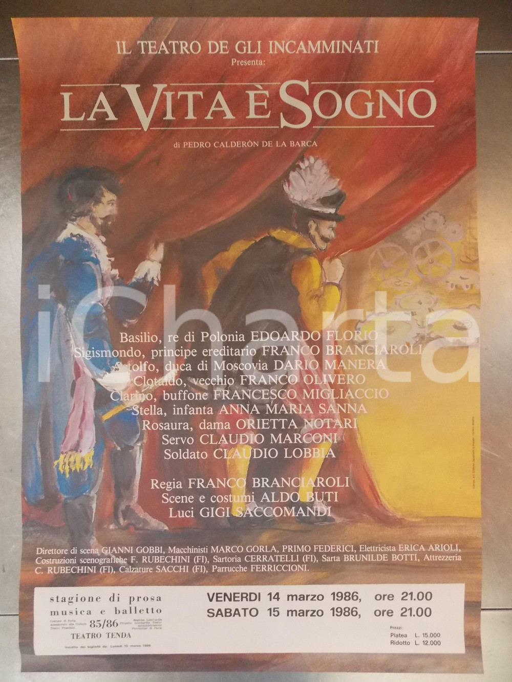 Materiale pubblicitario d’epoca 1986 PAVIA TEATRO DEGLI INCAMMINATI La vita è sogno Franco BRANCIAROLI Manifesto 1