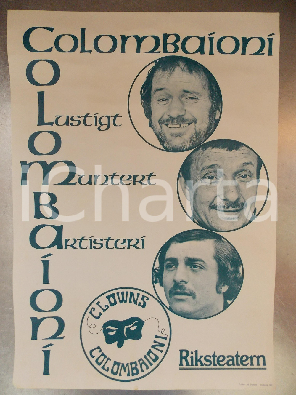 Materiale pubblicitario d’epoca 1975 JONKOPING SVEZIA La famiglia di clown COLOMBAIONI Manifesto cm 36 x 51 1
