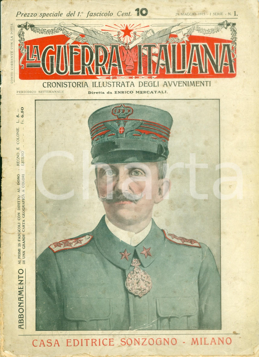 1915 LA GUERRA ITALIANA WW1 L'Italia entra in guerra *Anno 1 n. 1 DANNEGGIATA DATA: 29 maggio 1915 - WW1TITOLO: LA GUERRA ITALIANA - ANNO 1 N. 1L'ITALIA ENTRA IN GUERRA DESCRIZIONE: Rivista d'epoca, con articoli e notizie sui pi&ugrave; recenti fatti di guerra.EDITORE: Sonzogno - MilanoPAGINE: 16  DIMENSIONI: cm 22 x 30CONDIZIONI: danneggiata (diffusi strappi, macchie e bruniture). Rivista d'epoca, originale, autentica.    originale e autentica 1