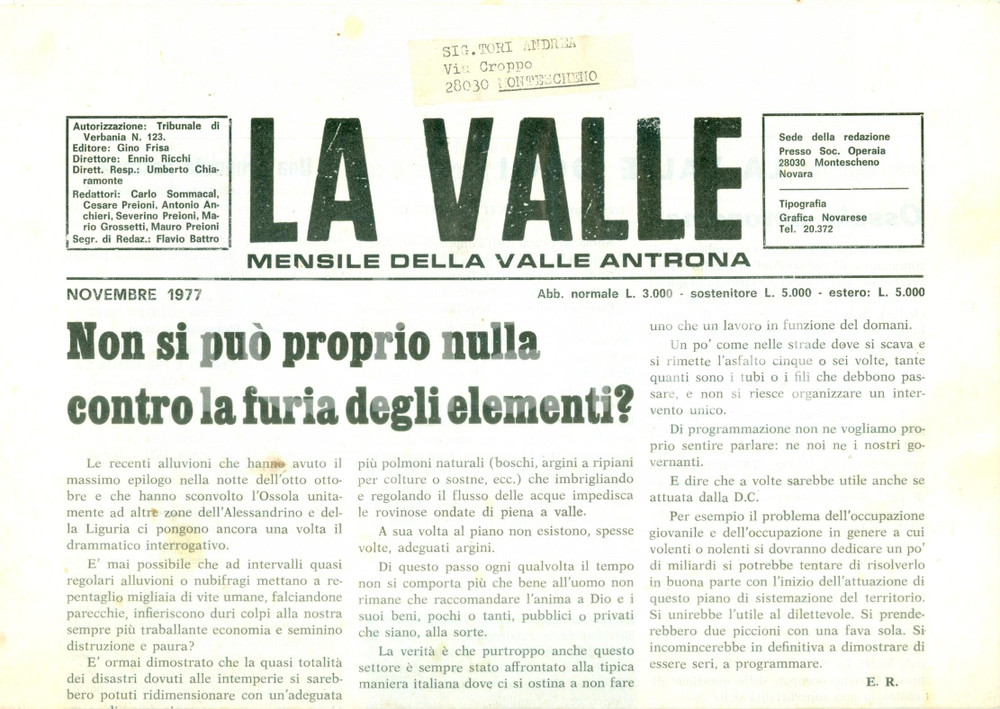 Giornale, rivista storica 1977 Mensile LA VALLE ANTRONA Alluvioni sconvolgono l OSSOLA Giornale 1