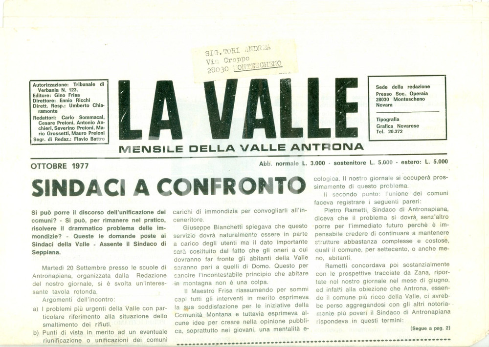 Giornale, rivista storica 1977 Mensile LA VALLE ANTRONA Elezioni ad ANTRONAPIANA Sindaci a confronto 1