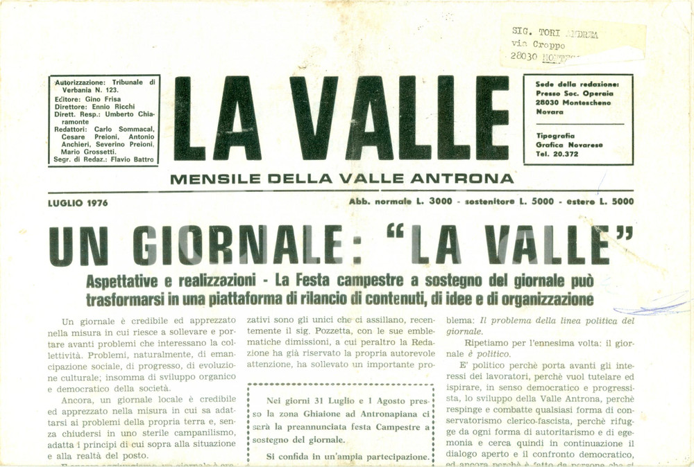 Giornale, rivista storica 1976 mensile LA VALLE ANTRONA Inaugurazione del ponte della volontÃ  Giornale 1