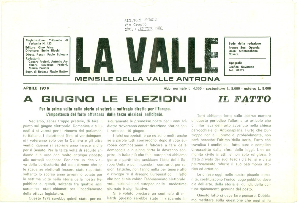 Giornale, rivista storica 1979 Mensile LA VALLE ANTRONA A giugno le elezioni per l EUROPA Giornale 1