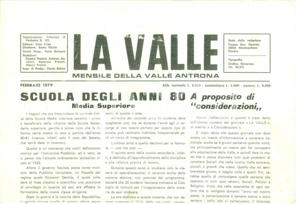 Giornale, rivista storica 1979 Mensile LA VALLE ANTRONA Come sarÃ  la scuola degli anno  80 Giornale 1