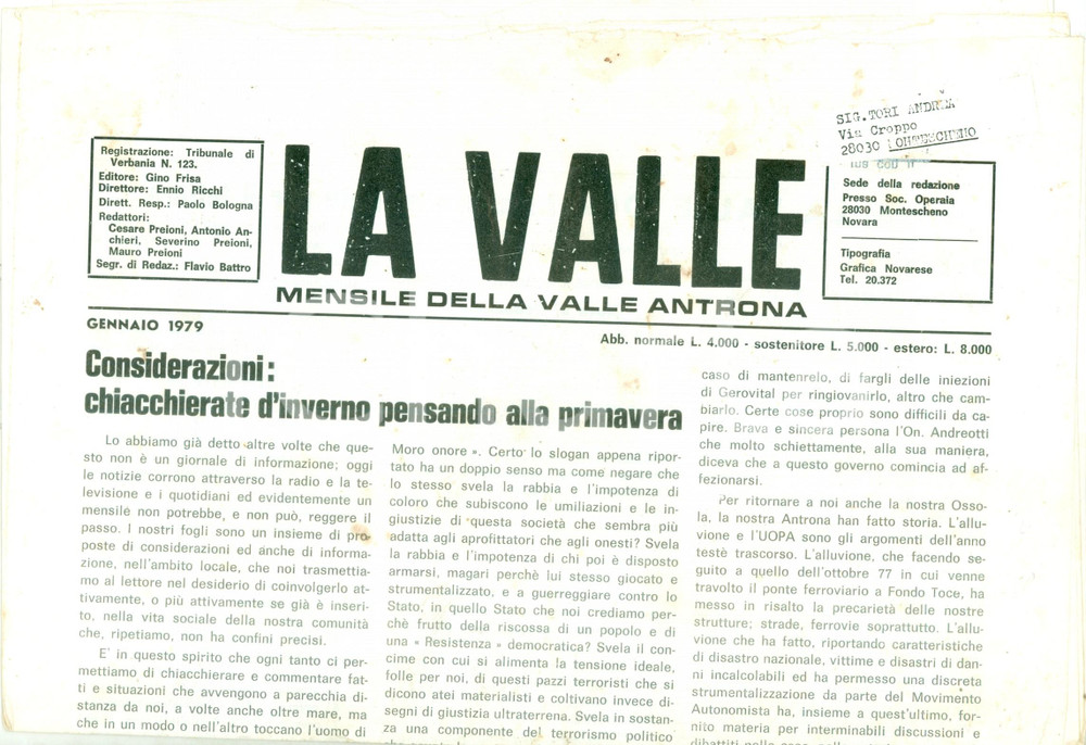 Giornale, rivista storica 1979 Mensile LA VALLE ANTRONA Contro il terrorismo allo Stato Giornale 1