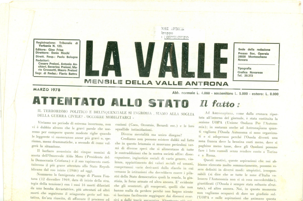 Giornale, rivista storica 1978 Mensile LA VALLE ANTRONA Rapimento Aldo MORO attentato allo Stato Giornale 1