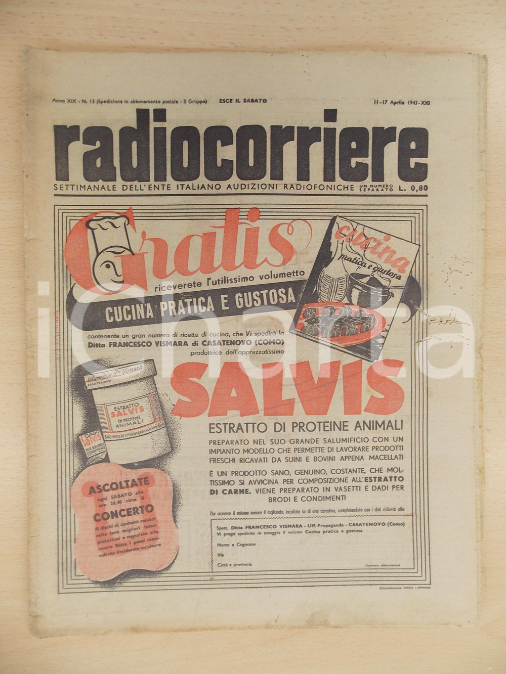 Giornale, rivista storica 1943 RADIOCORRIERE EIAR Spunti di critica wagneriana Proteine SALVIS Giornale 1