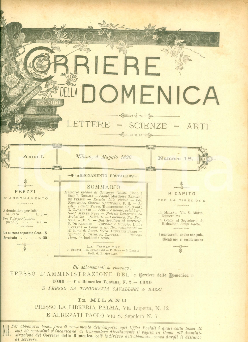 Giornale, rivista storica 1890 CORRIERE DELLA DOMENICA Memorie inedite di Giuseppe GIUSTI Giornale 1