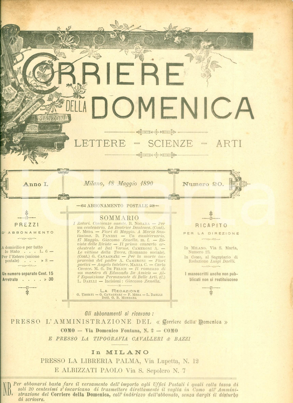 Giornale, rivista storica 1890 CORRIERE DELLA DOMENICA Filippo MEDA Centenario della Beatrice dantesca 1