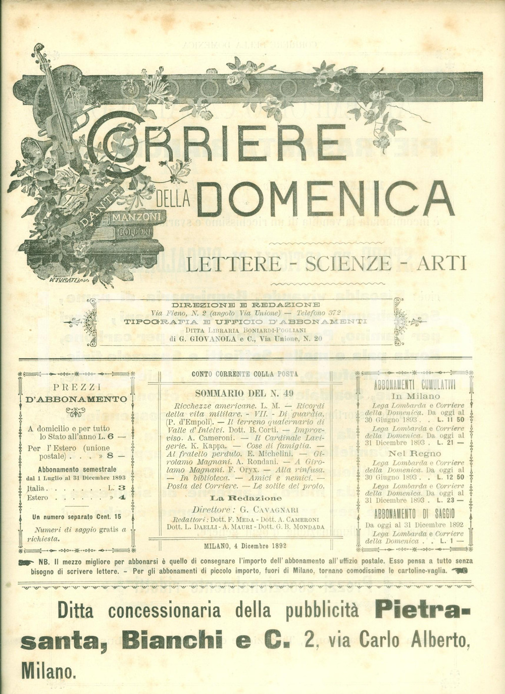 Giornale, rivista storica 1892 CORRIERE DELLA DOMENICA Le colossali ricchezze americane Giornale 1
