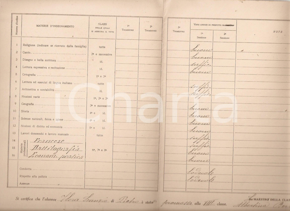 Oggetto da collezione cartaceo 1927 BIELLA Scuola privata Istituto LOSANA Pagella scolastica di Flora SCANZIO 1