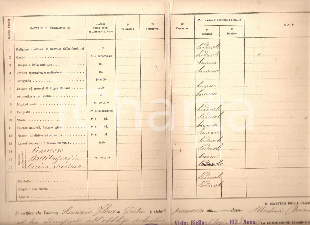 Oggetto da collezione cartaceo 1928 BIELLA Scuola privata Istituto LOSANA Pagella scolastica di Flora SCANZIO 1