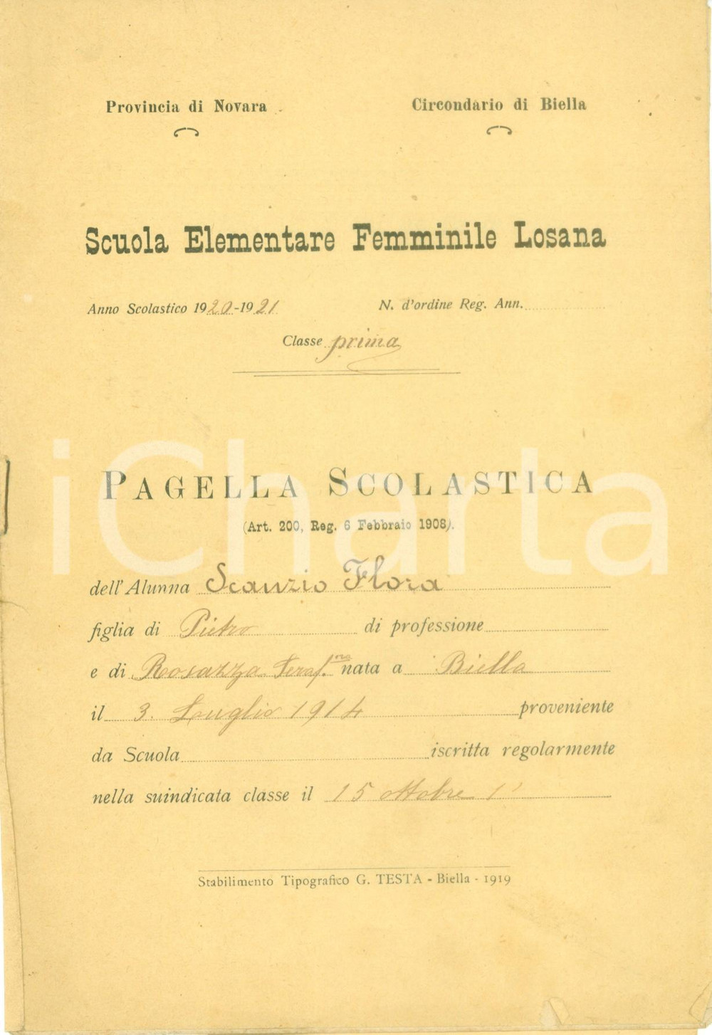 Oggetto da collezione cartaceo 1921 BIELLA Scuole Elementare Femminile Pagella di Flora SCANZIO 1
