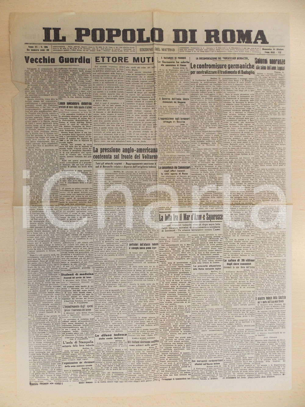 Giornale, rivista storica 1943 IL POPOLO DI ROMA RSI Fascismo Repubblicano innalza la vecchia bandiera 1
