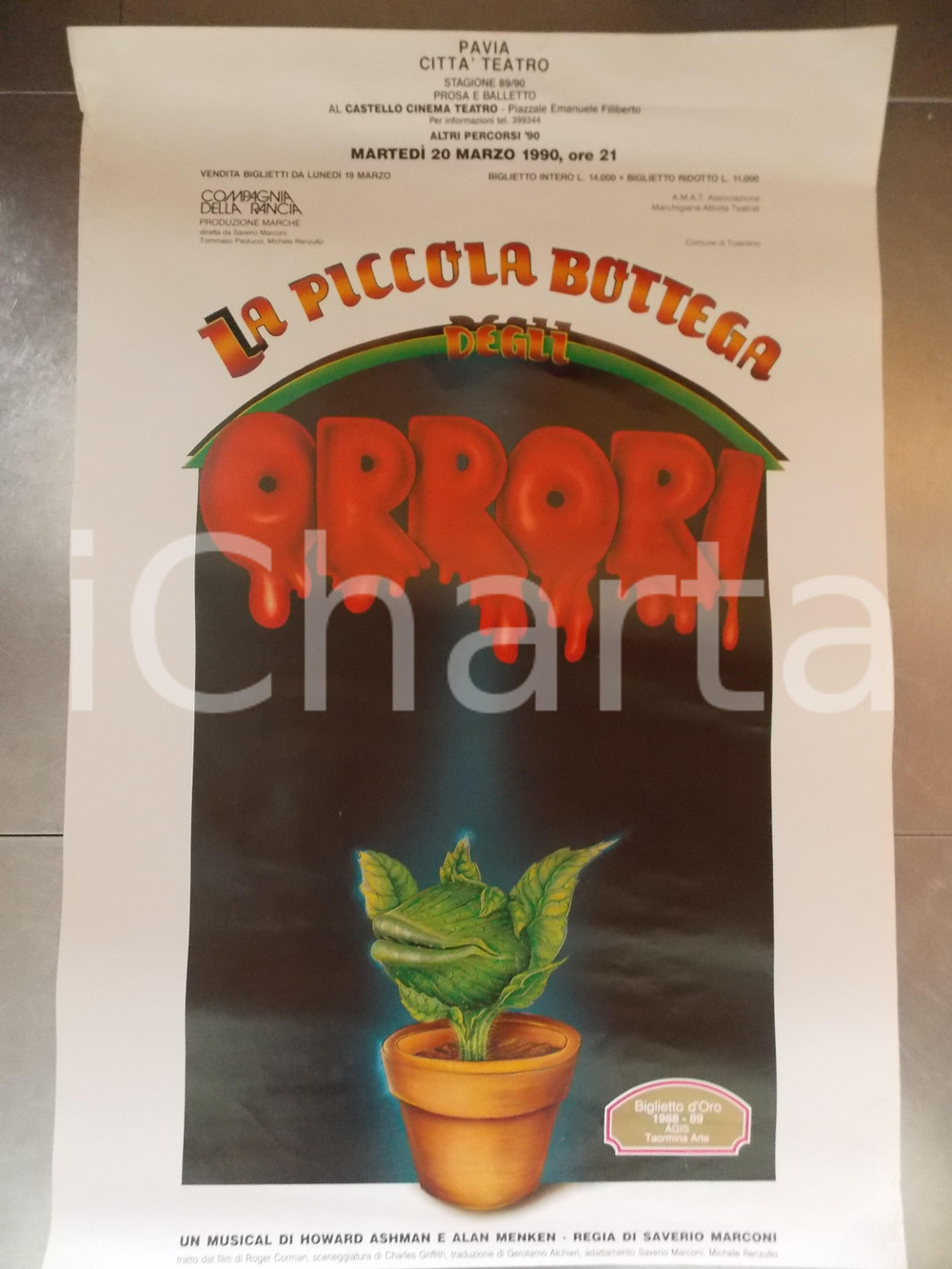 Materiale pubblicitario d’epoca 1989 PAVIA CITTA  TEATRO La piccola bottega degli orrori Manifesto cm 70 x 100 1