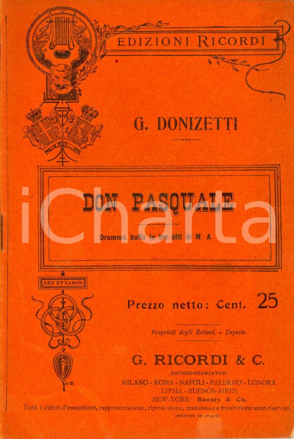 Oggetto da collezione cartaceo 1905 Gaetano DONIZETTI Don Pasquale  Libretto Edizioni RICORDI 1