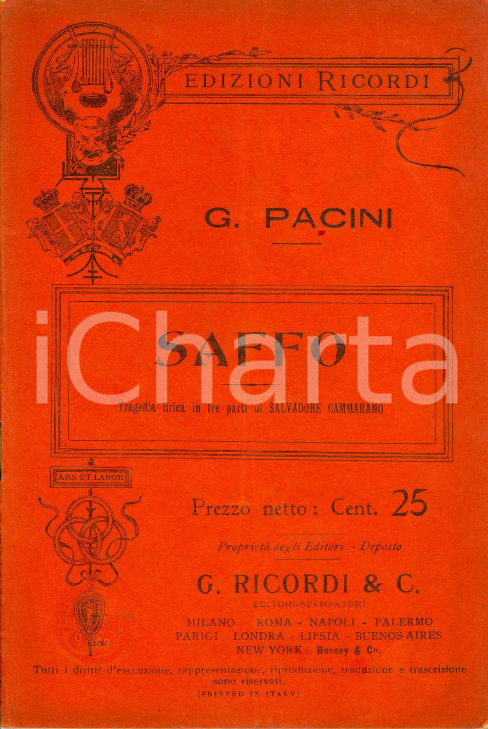 Oggetto da collezione cartaceo 1909 Giovanni PACINI Salvatore CAMMARANO Saffo  Tragedia Libretto ed. RICORDI 1