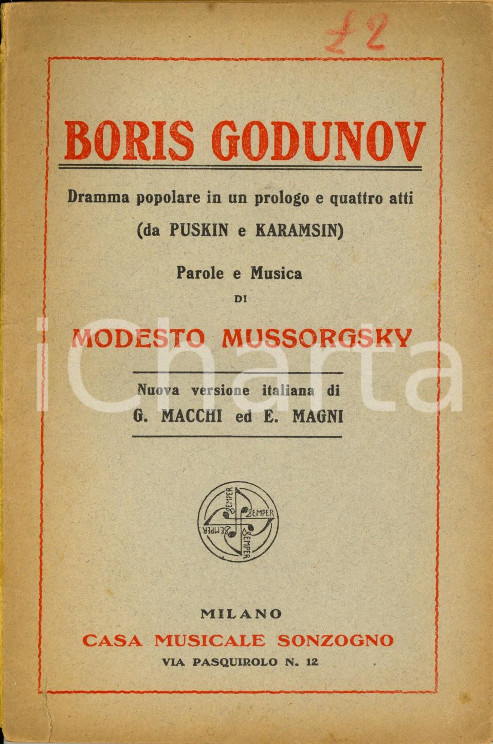 Oggetto da collezione cartaceo 1908 Modest Petrovic MUSSORGSKY Boris Godunov  Dramma popolare Ed. SONZOGNO 1