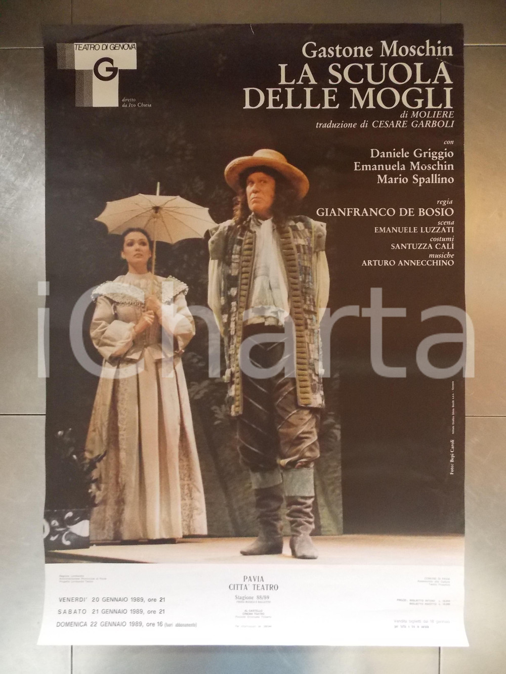 Materiale pubblicitario d’epoca 1988 PAVIA CITTA  TEATRO Gastone MOSCHIN La scuola delle mogli Manifesto 70x100 1