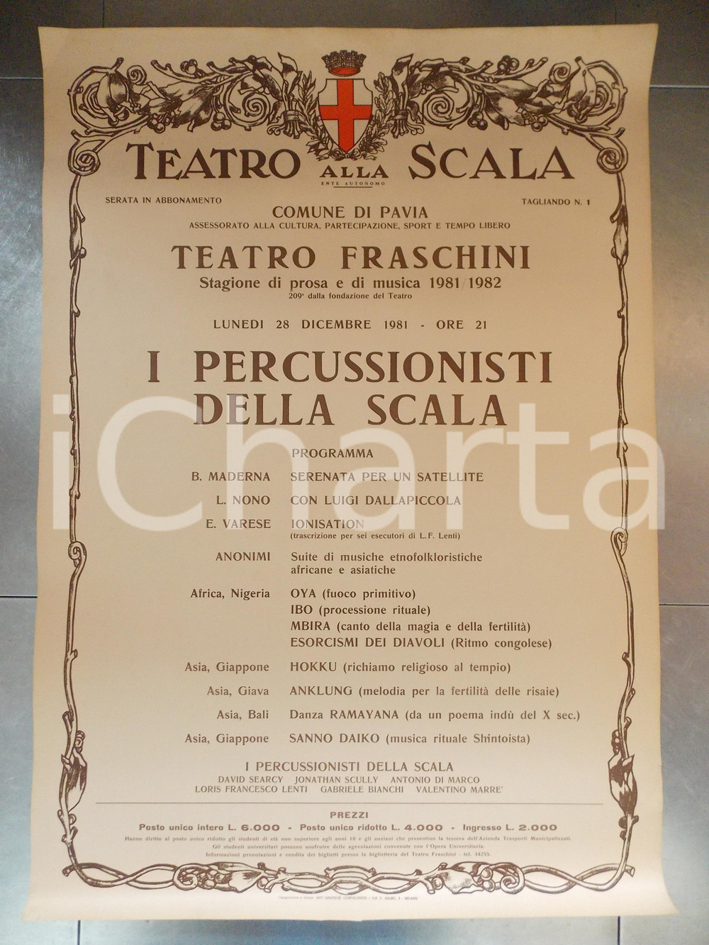 Materiale pubblicitario d’epoca 1981 PAVIA TEATRO FRASCHINI Percussionisti del Teatro ALLA SCALA Manifesto 1