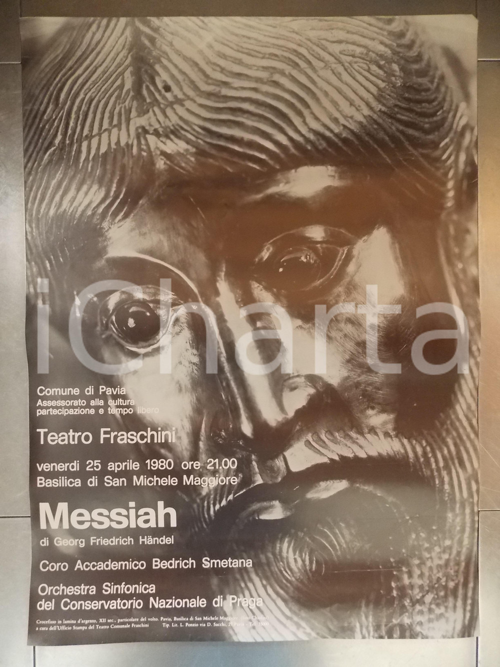 Materiale pubblicitario d’epoca 1980 PAVIA TEATRO FRASCHINI Coro Accademico Bedrich SMETANA Messiah Manifesto 1