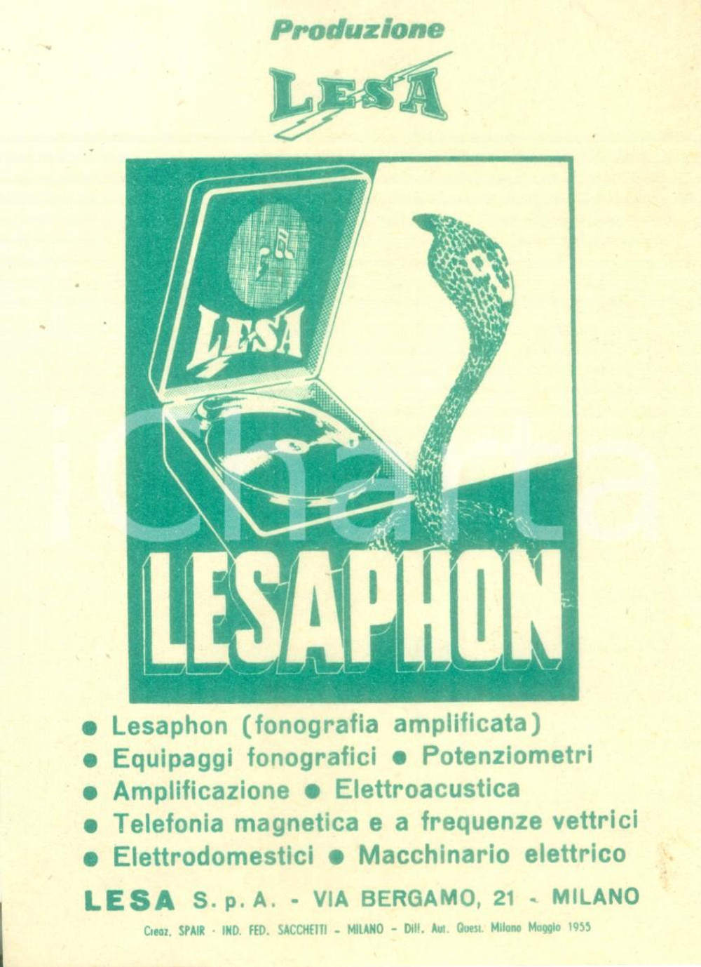 Materiale pubblicitario d’epoca 1955 MILANO Apparecchi LESAPHON fonografia amplificata Volantino ILLUSTRATO 1